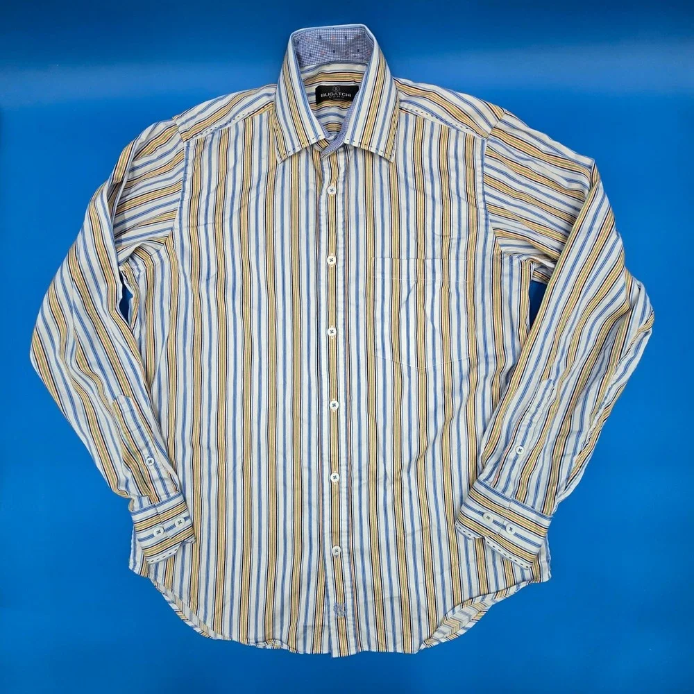 Bugatchi Uomo‎ Mens Small Multi Color Striped LS Button Down Cotton Shirt